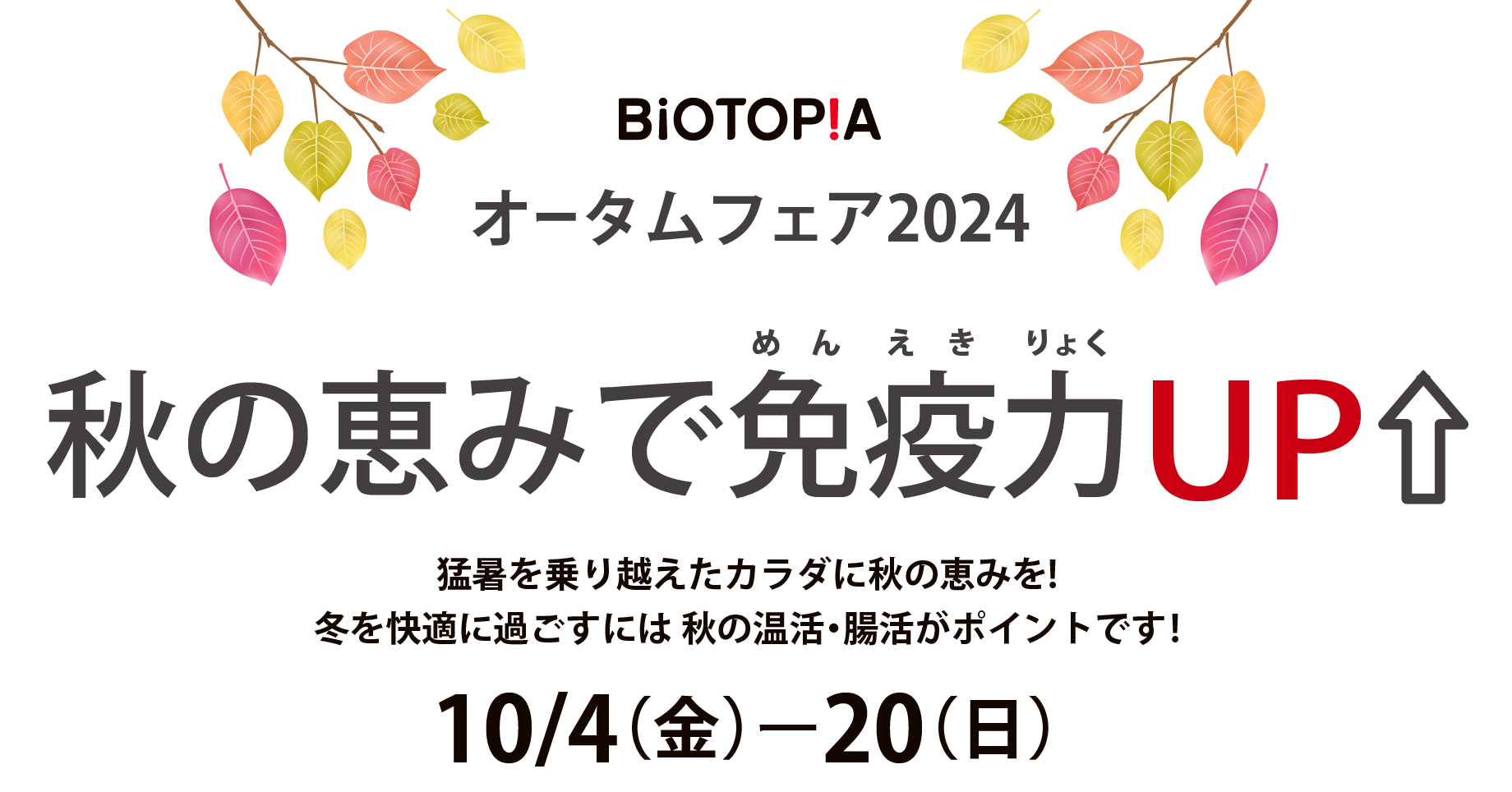 オータムフェア2024 秋の恵みで免疫力UP！ 猛暑を乗り越えたカラダに秋の恵みを!
		冬を快適に過ごすには 秋の温活・腸活がポイントです! 10月4日（金）〜20日（日）