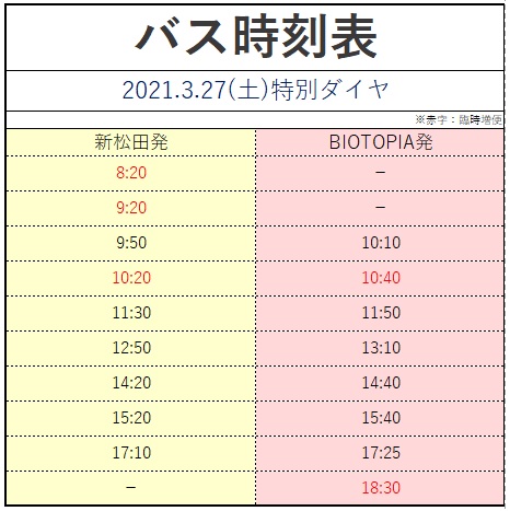 バス臨時ダイヤ運行表