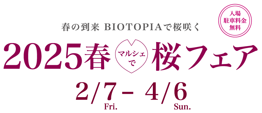 春の到来 BIOTOPIAで桜咲く 2025春 マルシェで桜フェア 2月7日〜4月6日 入場 駐車場無料