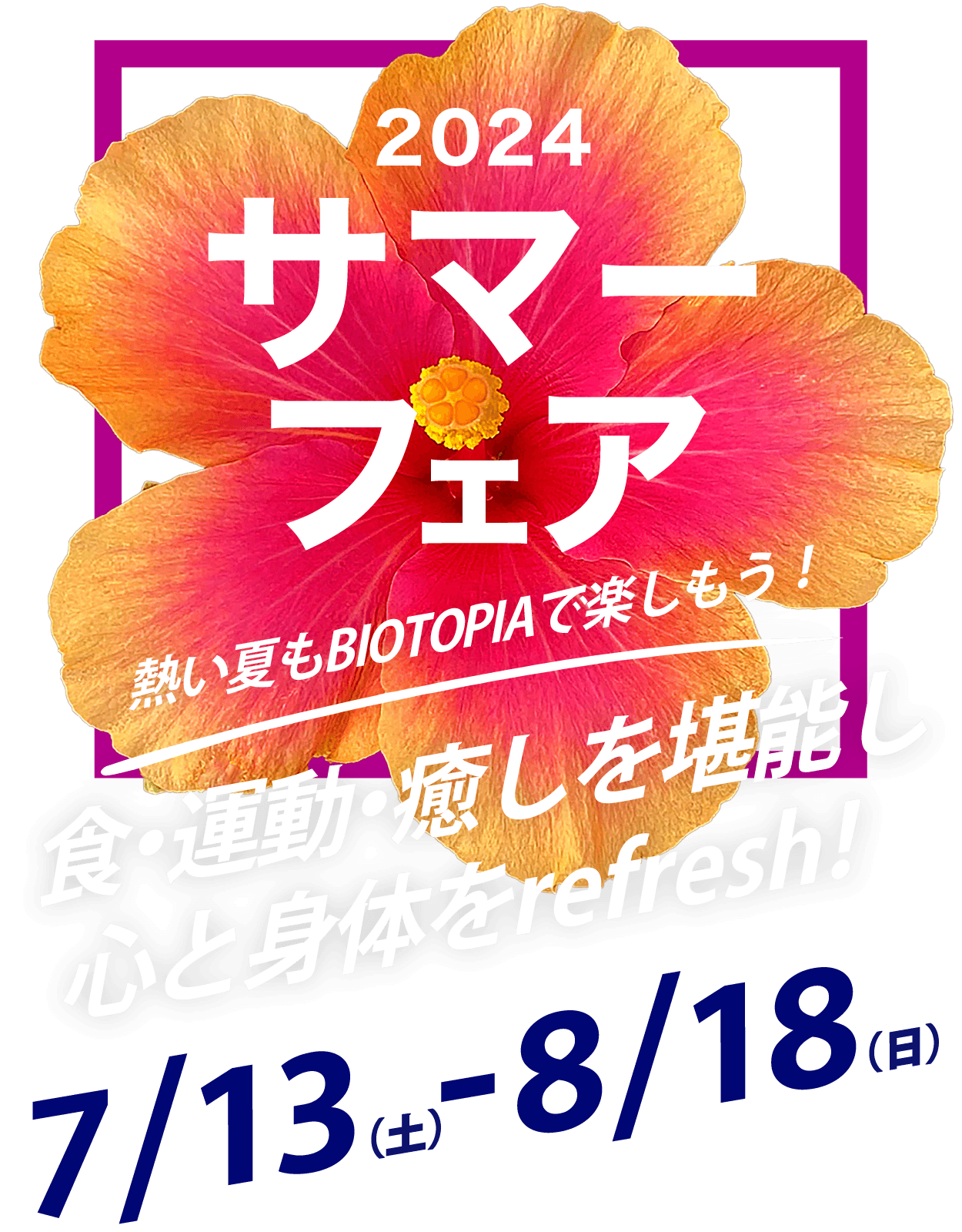 2024 サマーフェア 熱い夏もBIOTOPIAで楽しもう！ 「食」・「運動」・「癒し」を堪能し、心と身体をrefresh！ 7月13日〜8月18日